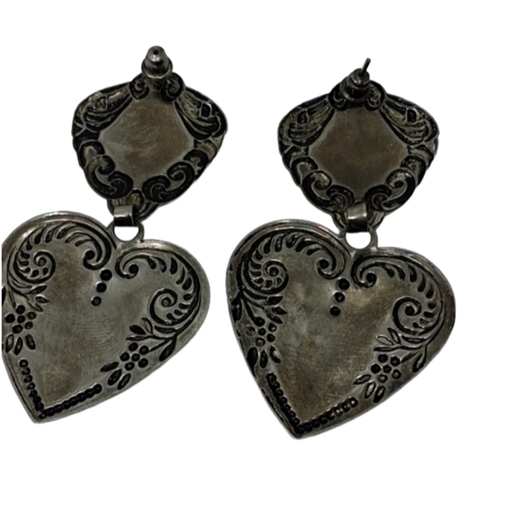 Vintage Art Nouvea Red Enamel & Silver Tone Heart Dangle Earrings - Picture 5 of 5